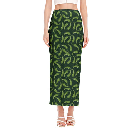 Green Chili Peppers Pattern Print Side Slit Maxi Skirt
