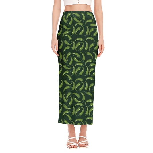 Green Chili Peppers Pattern Print Side Slit Maxi Skirt