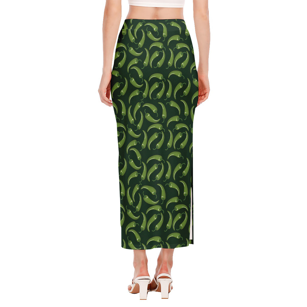 Green Chili Peppers Pattern Print Side Slit Maxi Skirt