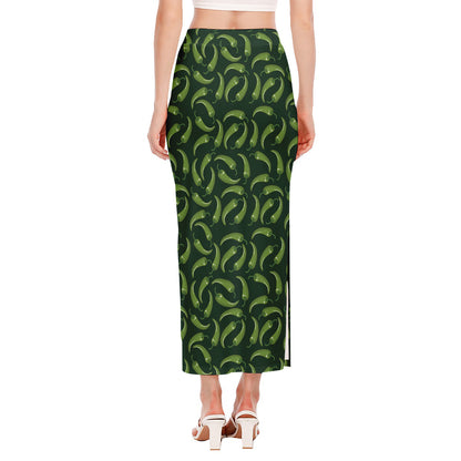 Green Chili Peppers Pattern Print Side Slit Maxi Skirt