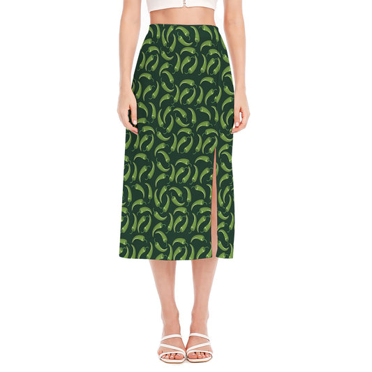 Green Chili Peppers Pattern Print Side Slit Midi Skirt