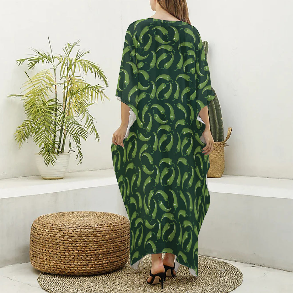 Green Chili Peppers Pattern Print Silk V-Neck Kaftan Dress