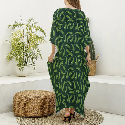 Green Chili Peppers Pattern Print Silk V-Neck Kaftan Dress