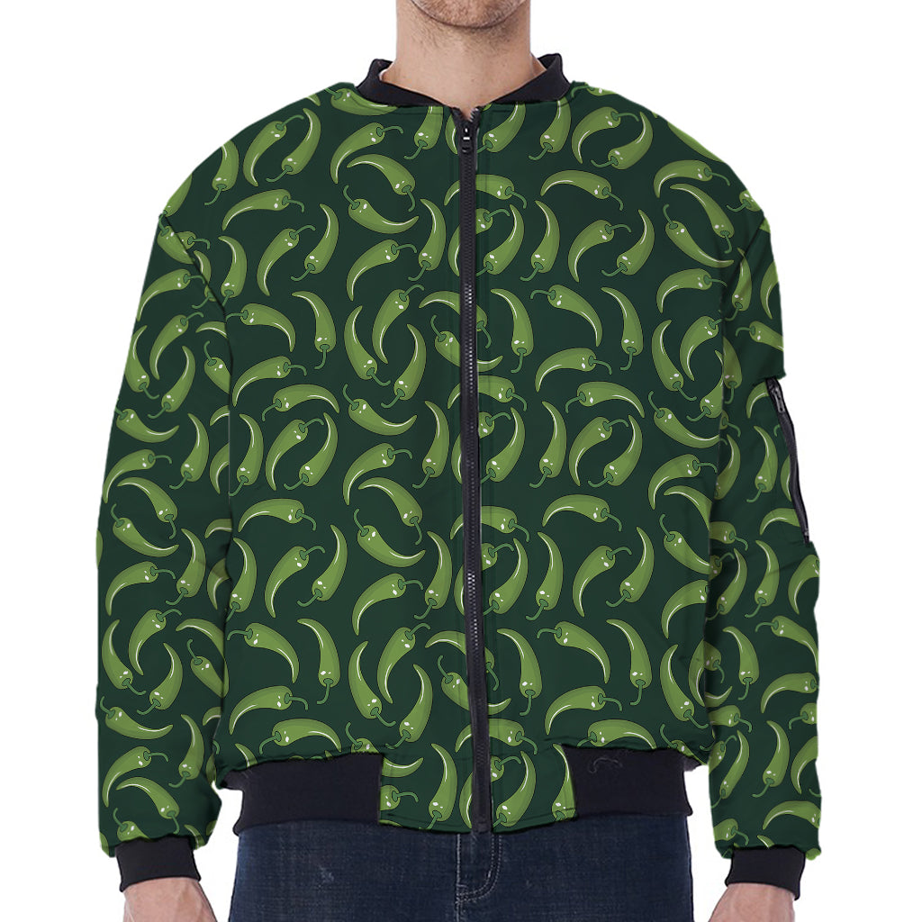 Green Chili Peppers Pattern Print Zip Sleeve Bomber Jacket