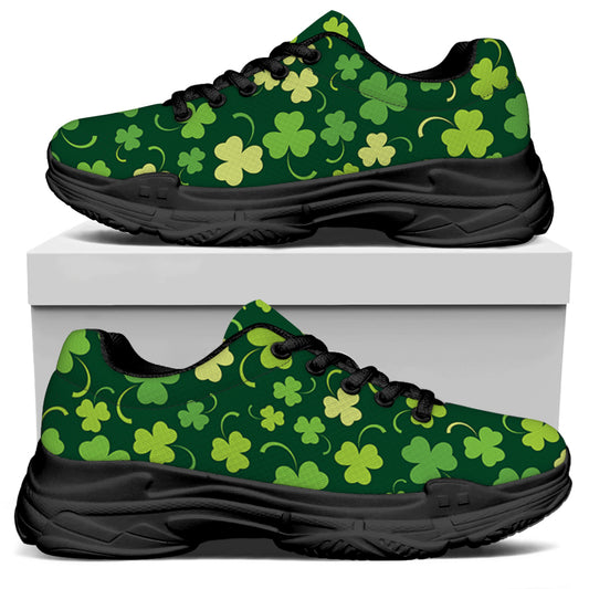 Green Clover Saint Patrick's Day Print Black Chunky Shoes