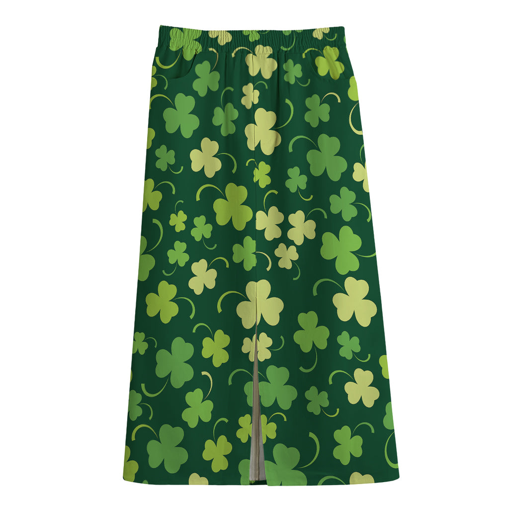 Green Clover Saint Patrick's Day Print Cotton Front Slit Maxi Skirt