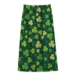 Green Clover Saint Patrick's Day Print Cotton Front Slit Maxi Skirt
