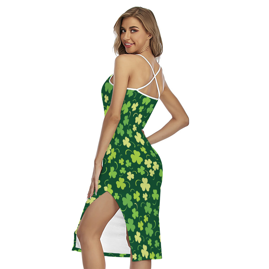 Green Clover Saint Patrick's Day Print Cross Back Cami Dress