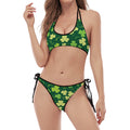 Green Clover Saint Patrick's Day Print Halter Scoop Tie Side Bikini