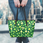 Green Clover Saint Patrick's Day Print Leather Tote Bag