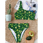 Green Clover Saint Patrick's Day Print One Shoulder Bikini Top