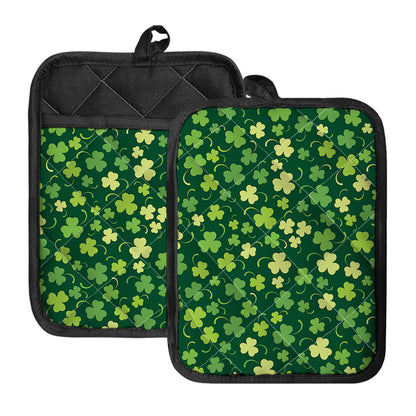 Green Clover Saint Patrick's Day Print Pot Holders With Pocket
