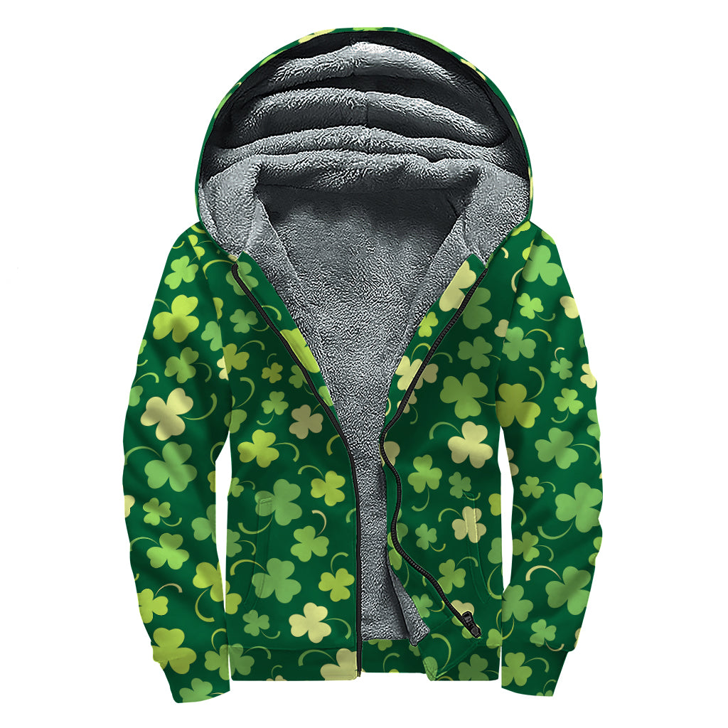 Green Clover Saint Patrick's Day Print Sherpa Lined Zip Up Hoodie