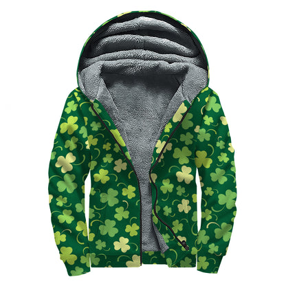 Green Clover Saint Patrick's Day Print Sherpa Lined Zip Up Hoodie