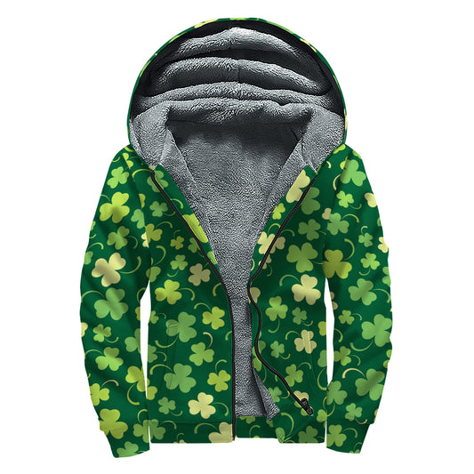 Green Clover Saint Patrick's Day Print Sherpa Lined Zip Up Hoodie