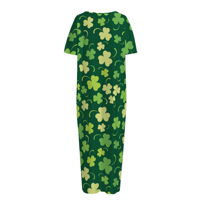 Green Clover Saint Patrick's Day Print Short Sleeve Long Nightdress