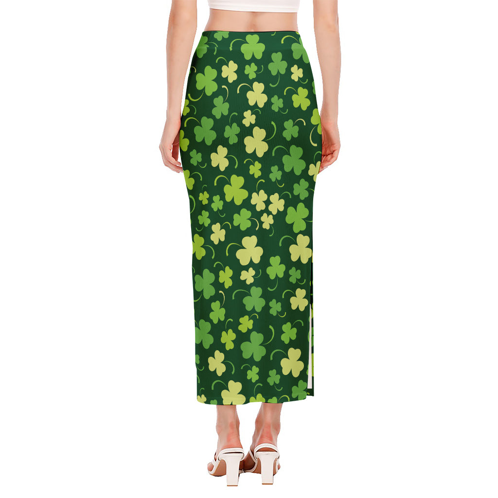 Green Clover Saint Patrick's Day Print Side Slit Maxi Skirt