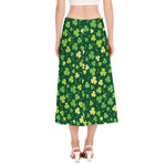 Green Clover Saint Patrick's Day Print Side Slit Midi Skirt