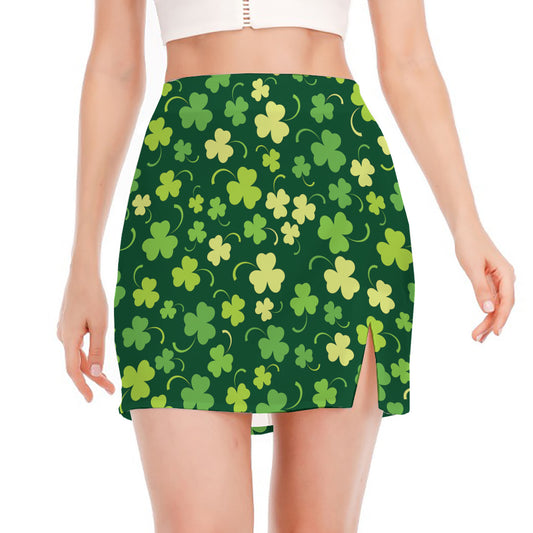 Green Clover Saint Patrick's Day Print Side Slit Mini Skirt