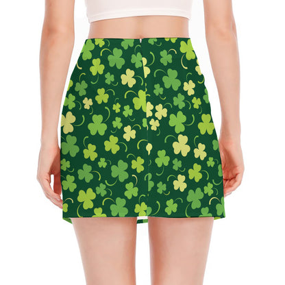 Green Clover Saint Patrick's Day Print Side Slit Mini Skirt
