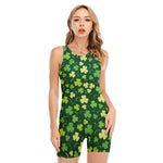 Green Clover Saint Patrick's Day Print Sleeveless One Piece Swimsuit