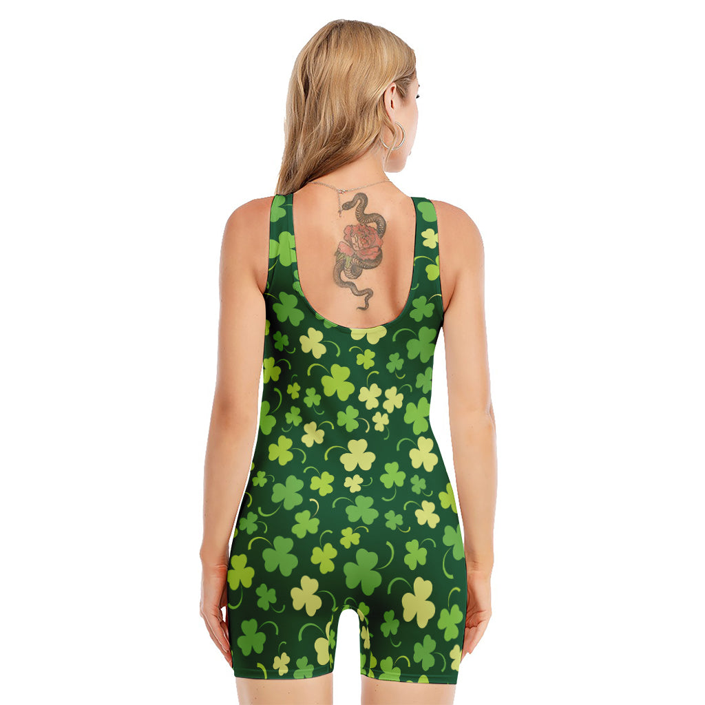 Green Clover Saint Patrick's Day Print Sleeveless One Piece Swimsuit