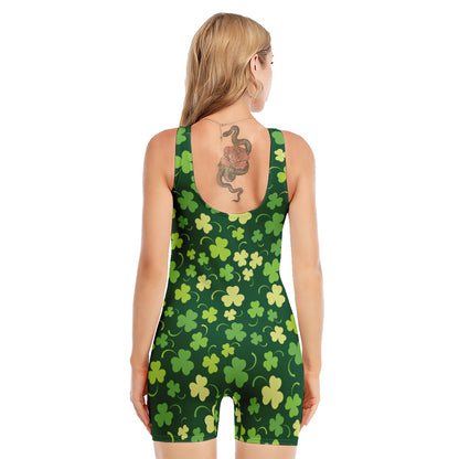 Green Clover Saint Patrick's Day Print Sleeveless One Piece Swimsuit