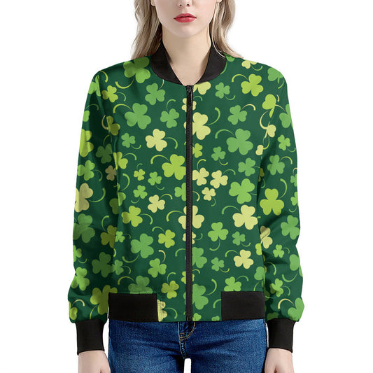 Green Clover Saint Patrick's Day Print Women's Bomber Jacket