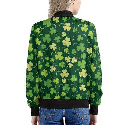 Green Clover Saint Patrick's Day Print Women's Bomber Jacket