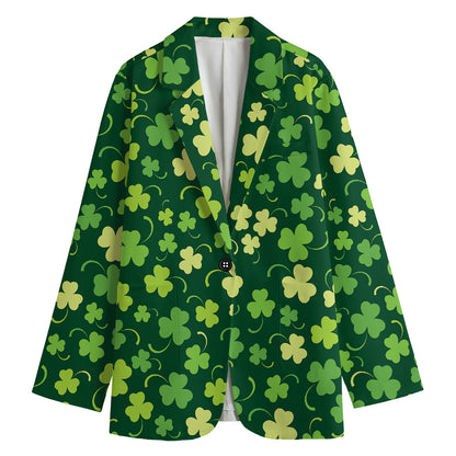 Green Clover Saint Patrick's Day Print Women's Cotton Blazer