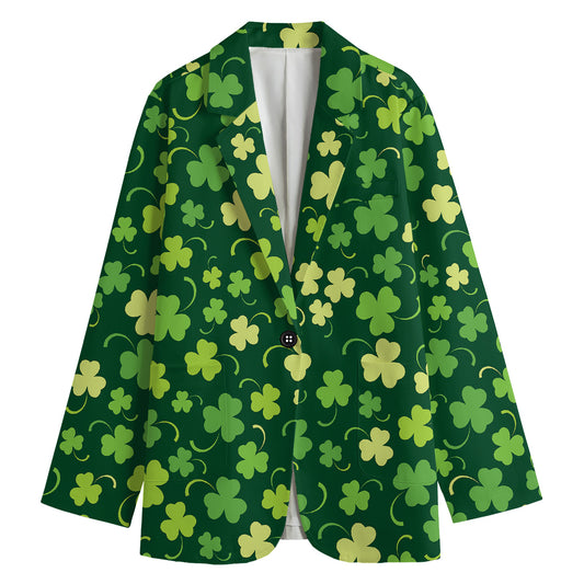Green Clover Saint Patrick's Day Print Women's Cotton Blazer