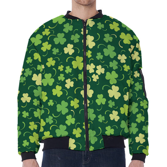 Green Clover Saint Patrick's Day Print Zip Sleeve Bomber Jacket