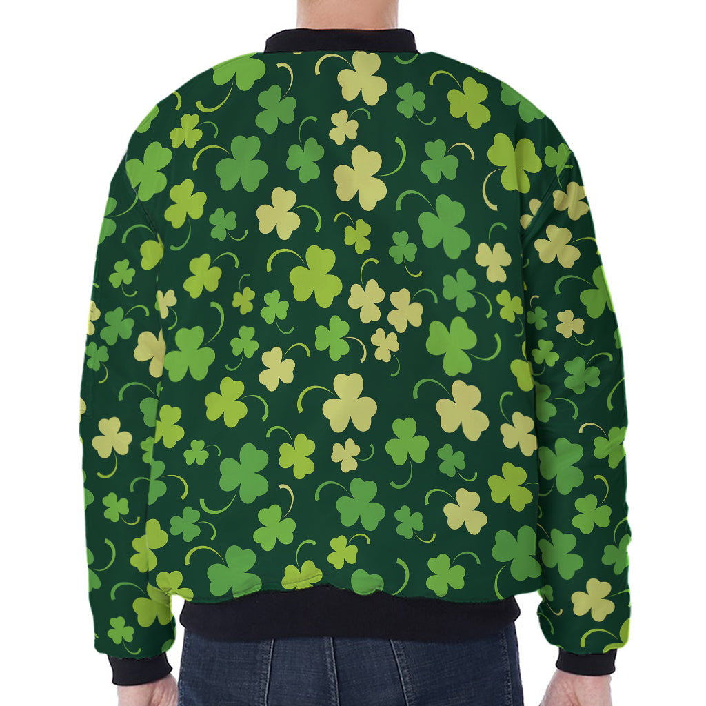 Green Clover Saint Patrick's Day Print Zip Sleeve Bomber Jacket