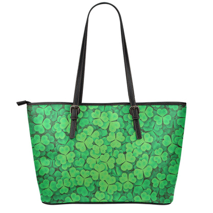 Green Clover St. Patrick's Day Print Leather Tote Bag