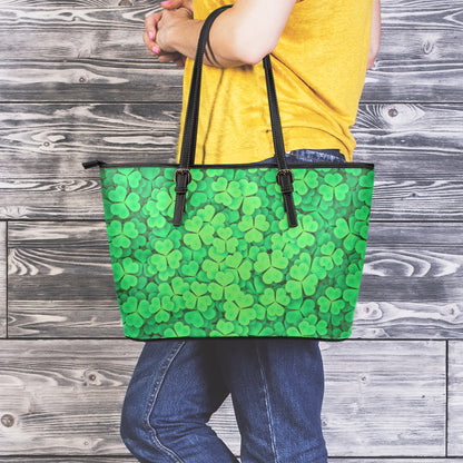 Green Clover St. Patrick's Day Print Leather Tote Bag