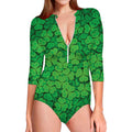 Green Clover St. Patrick's Day Print Long Sleeve Swimsuit