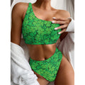 Green Clover St. Patrick's Day Print One Shoulder Bikini Set