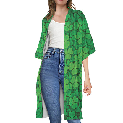 Green Clover St. Patrick's Day Print Open Front Beach Cover Up