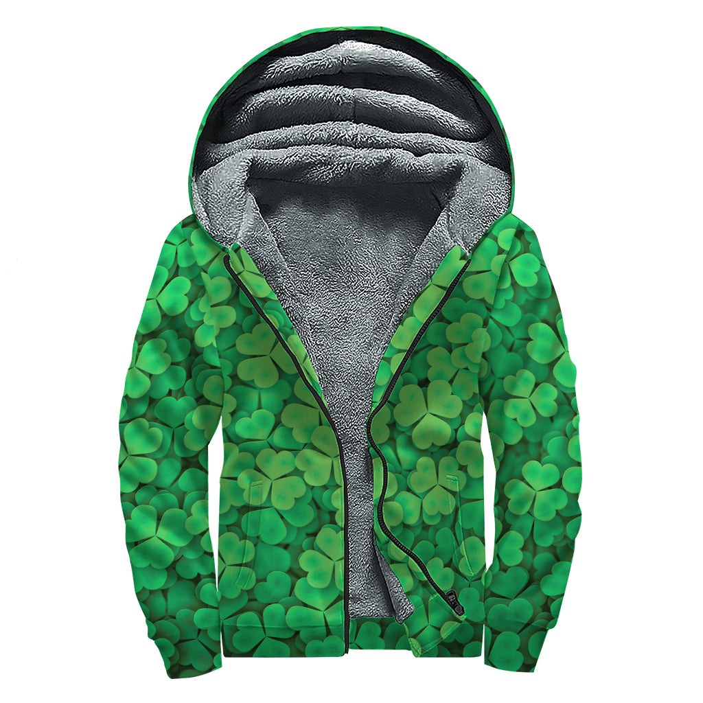 Green Clover St. Patrick's Day Print Sherpa Lined Zip Up Hoodie