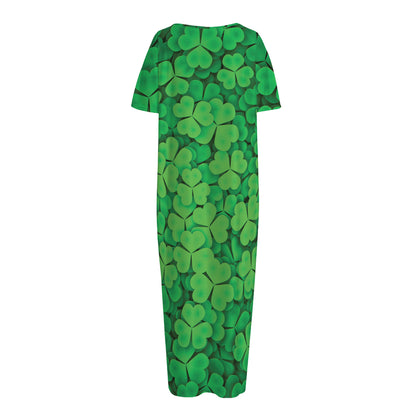 Green Clover St. Patrick's Day Print Short Sleeve Long Nightdress