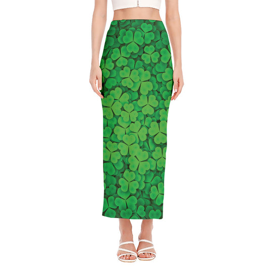 Green Clover St. Patrick's Day Print Side Slit Maxi Skirt
