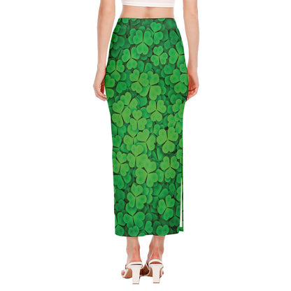 Green Clover St. Patrick's Day Print Side Slit Maxi Skirt