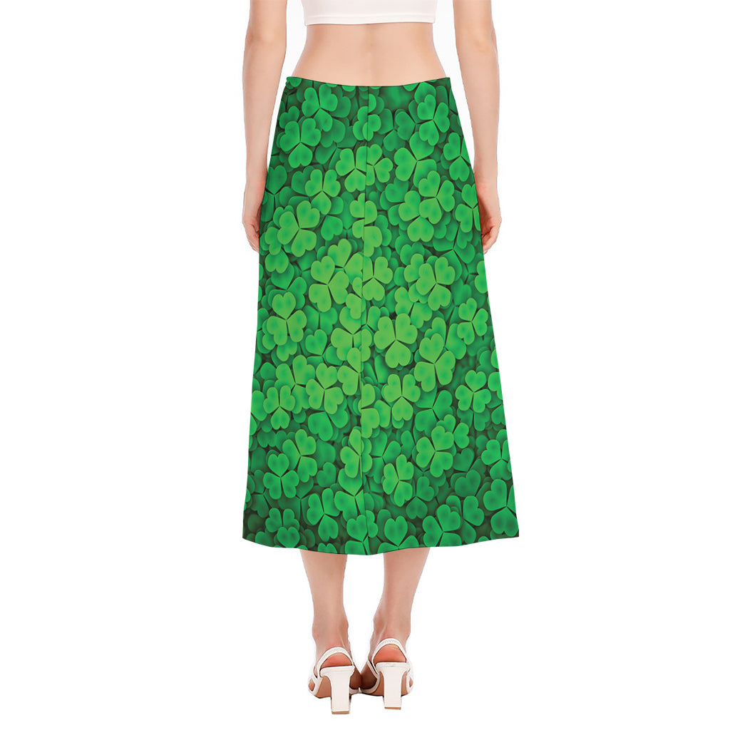 Green Clover St. Patrick's Day Print Side Slit Midi Skirt