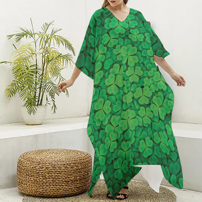 Green Clover St. Patrick's Day Print Silk V-Neck Kaftan Dress