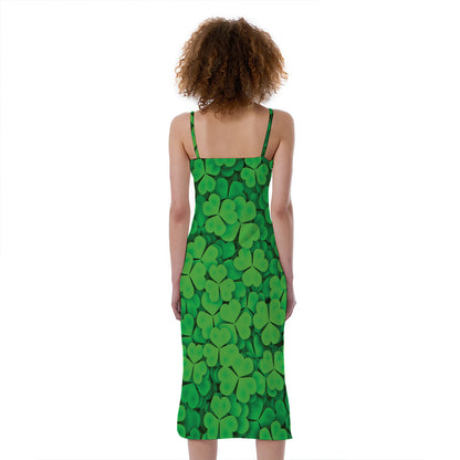 Green Clover St. Patrick's Day Print Slim Fit Midi Cami Dress