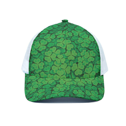 Green Clover St. Patrick's Day Print White Mesh Trucker Cap