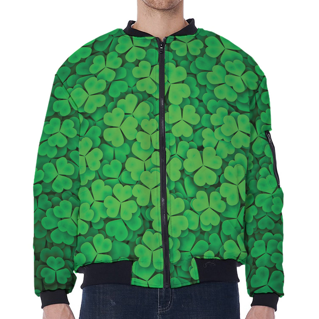 Green Clover St. Patrick's Day Print Zip Sleeve Bomber Jacket