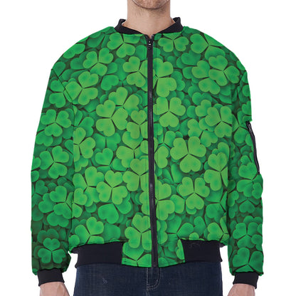 Green Clover St. Patrick's Day Print Zip Sleeve Bomber Jacket