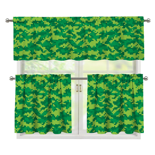 Green Digital Camo Pattern Print 3 Piece Kitchen Curtains