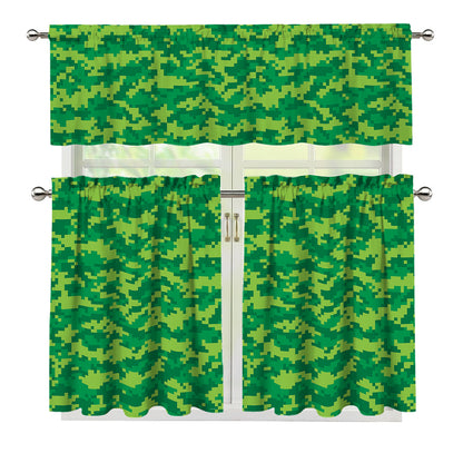 Green Digital Camo Pattern Print 3 Piece Kitchen Curtains